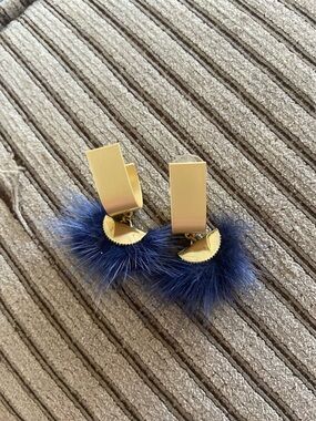 Gold-Plated Drop Earrings with Navy Blue Fur Accent